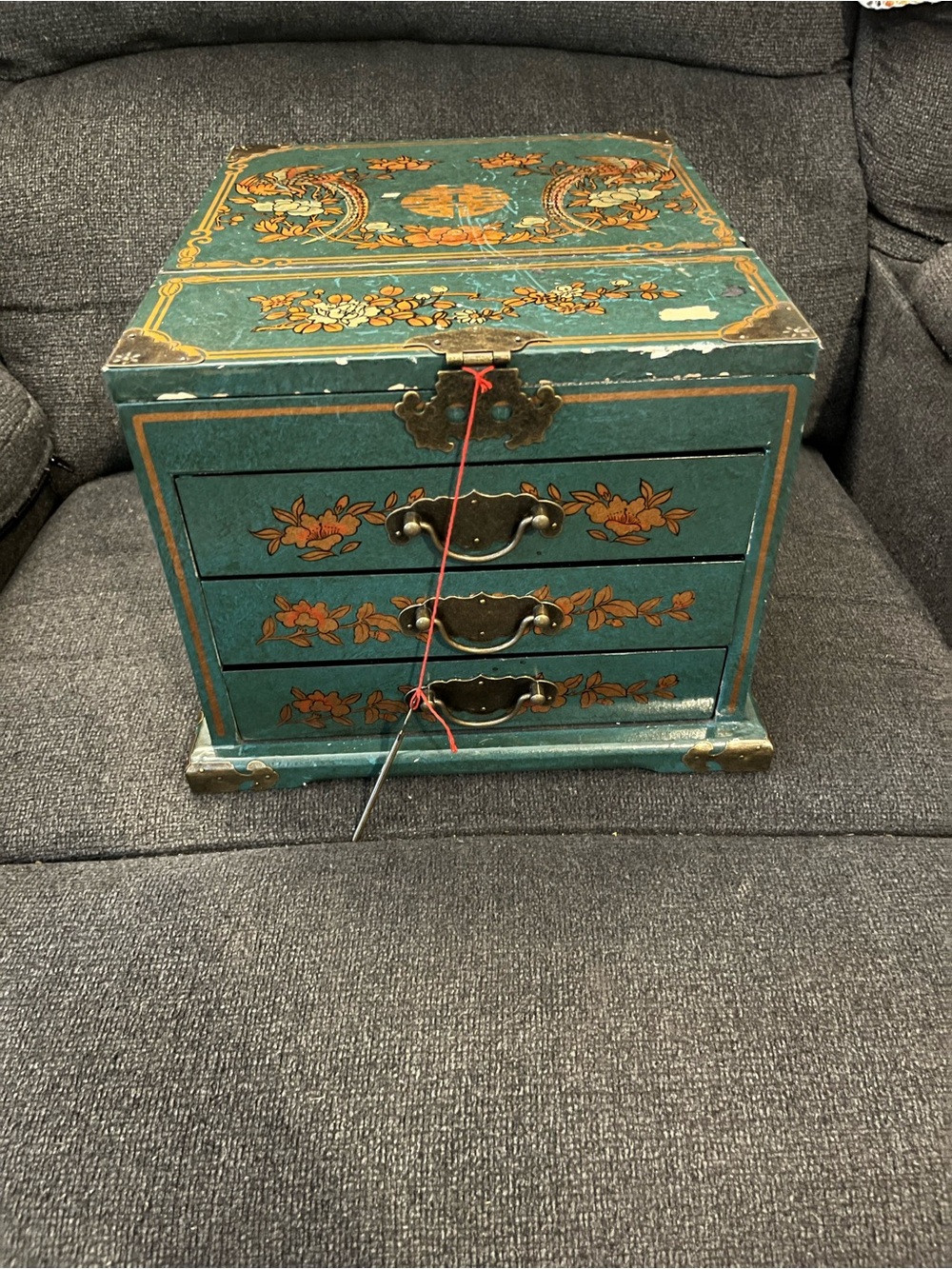 Vintage Chinese Green & Gold Wooden Jewelry Box Mirror, 3 Drawers Floral Design